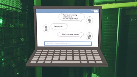 animazione di una chat sul portatile sulla sala server del computer