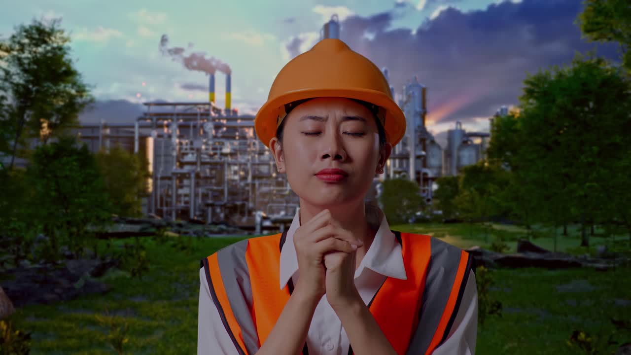 Close Up Of Asian Female Engineer With Safety Helmet Pray For Something While Standing In Front Of Oil Refinery
