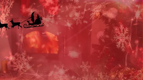 Animation-of-santa-riding-sleigh-with-reindeers-and-snowflakes-over-fireplace-and-christmas-tree