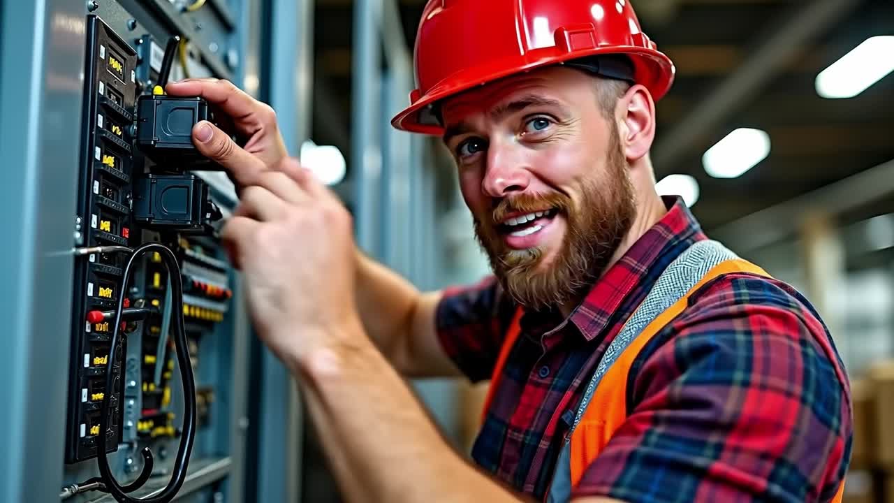 A man in a red hard hat is working on an electrical panel