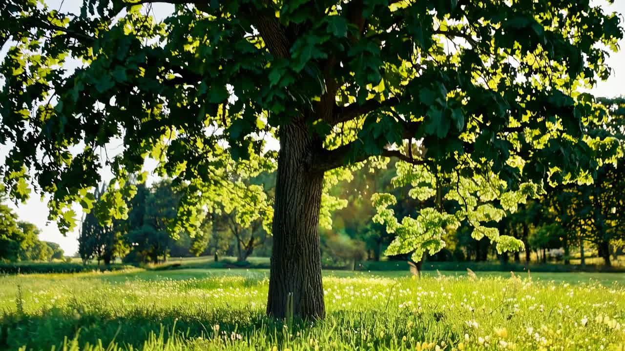 A serene video of a lush tree in a sunlit meadow, captured from a low angle, emphasizing the tree's