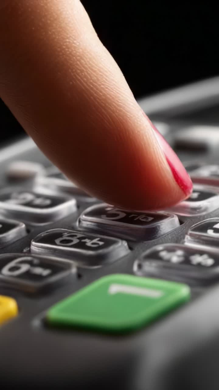 Close-up of a fingertip pressing buttons on a modern numerical keypad, showcasing intricate design and functionality, emphasizing interaction with technology