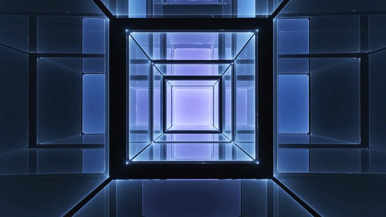 Zooming forward mirror cube in gallery, shifting from purple to blue increasing depth via LED seams
