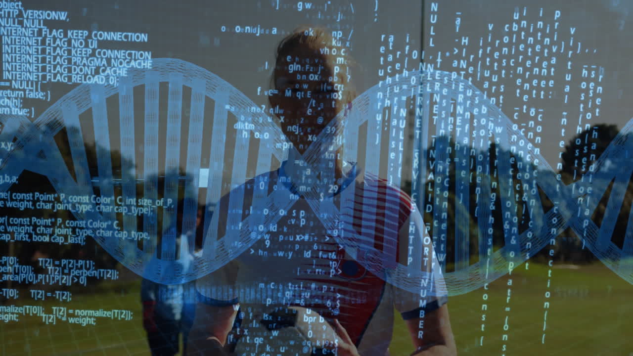 Group of women playing catch on grassy field, showcasing technology with flowing code and DNA helix