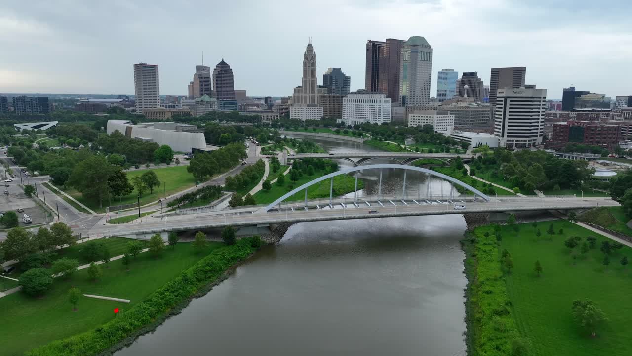 Aerial view of Columbus, Ohio showcasing the Scioto River, a sweeping bridge, lush riverbanks, and the city's distinct skyline