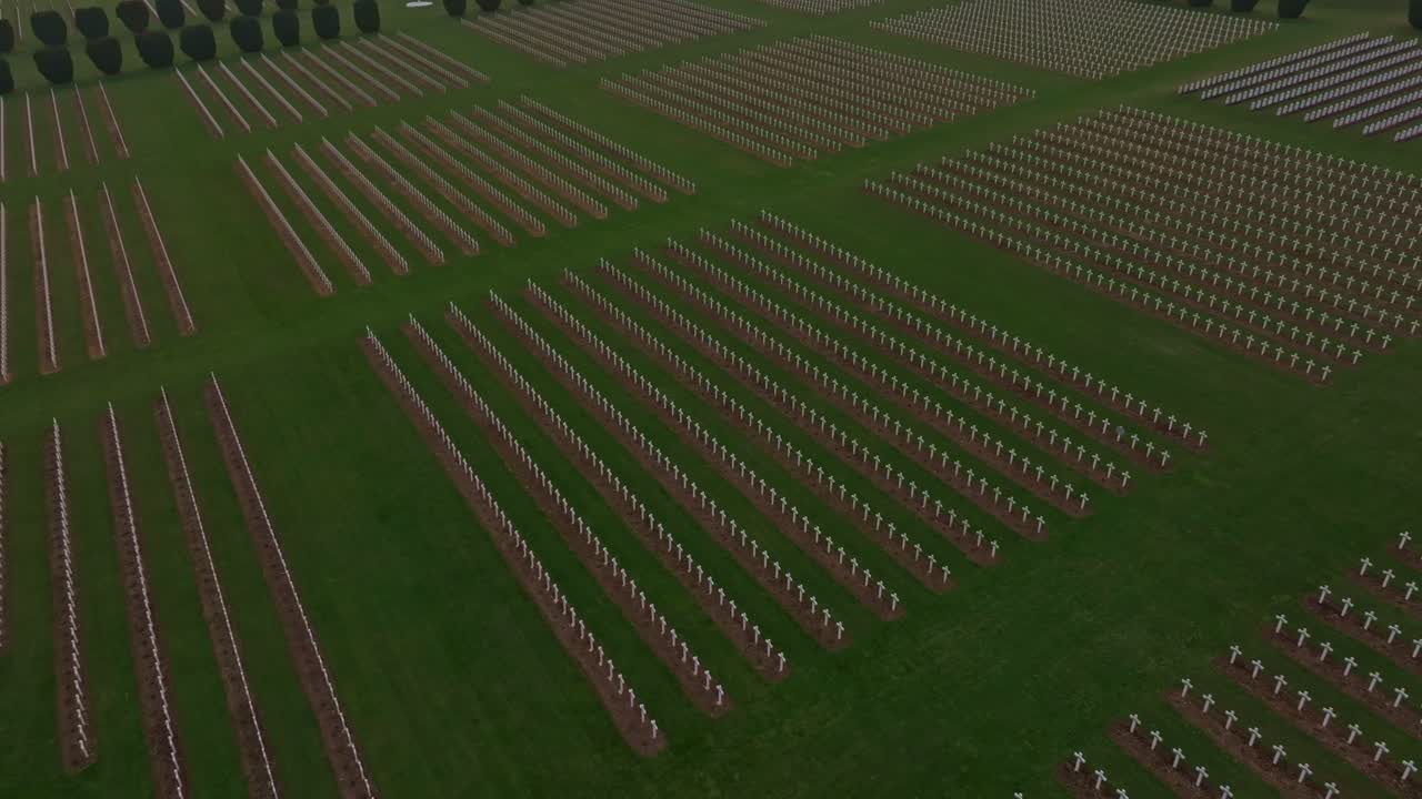 Aerial view of solemn crosses near Verdun Douaumont Ossuary France