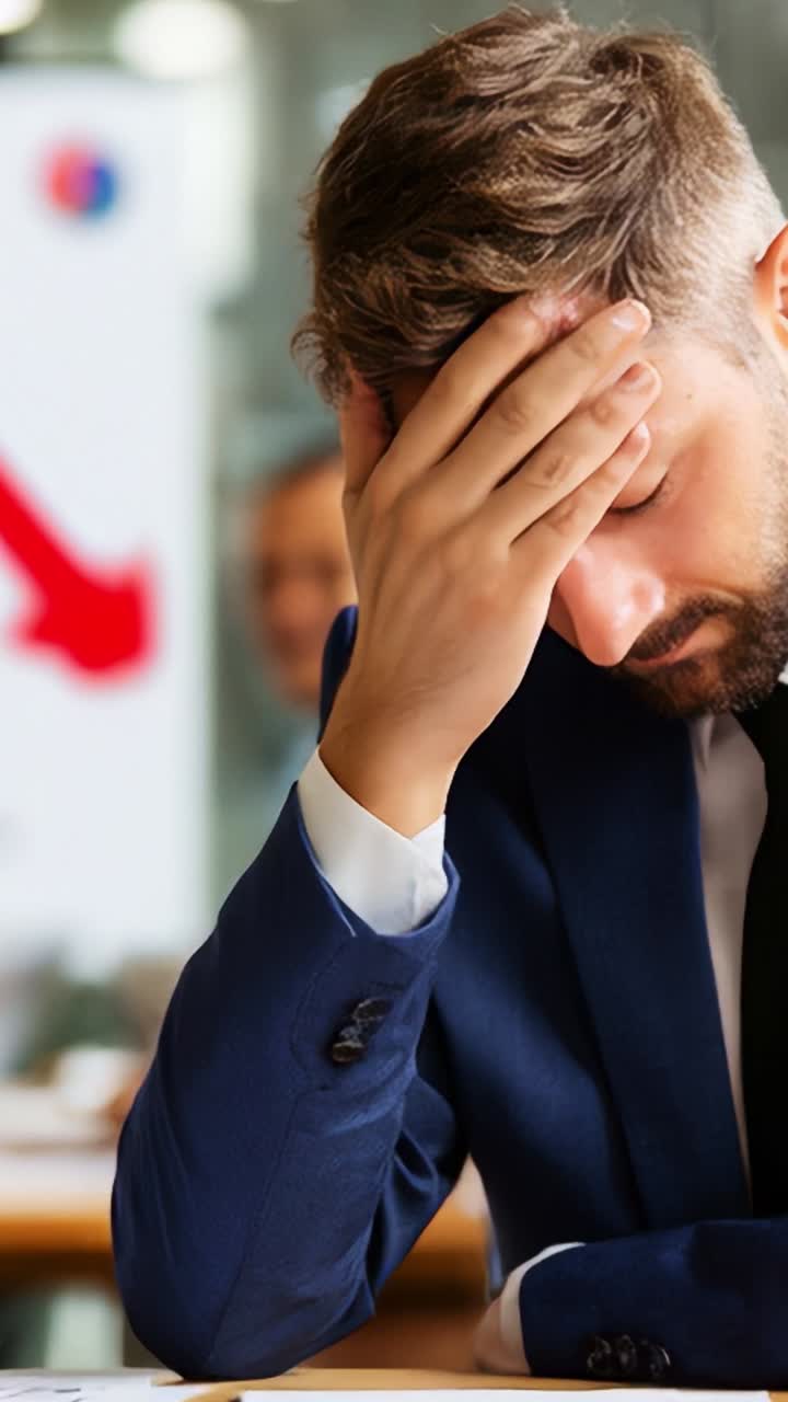 Un uomo d'affari frustrato, immerso nei suoi pensieri tra sfide e stress in un ambiente aziendale, che cattura il suo tumulto emotivo e le sue difficoltà