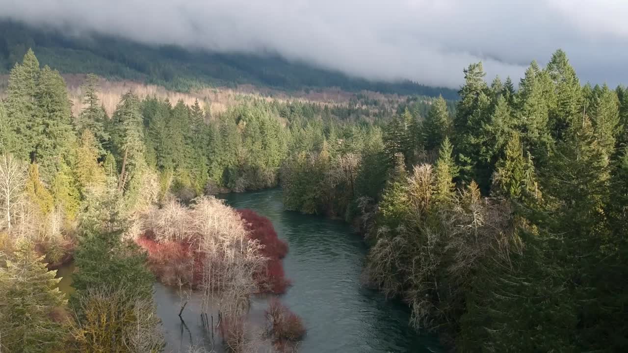 Drone flying backward ten meters above the Cowichan river in winter with trees and clouds .