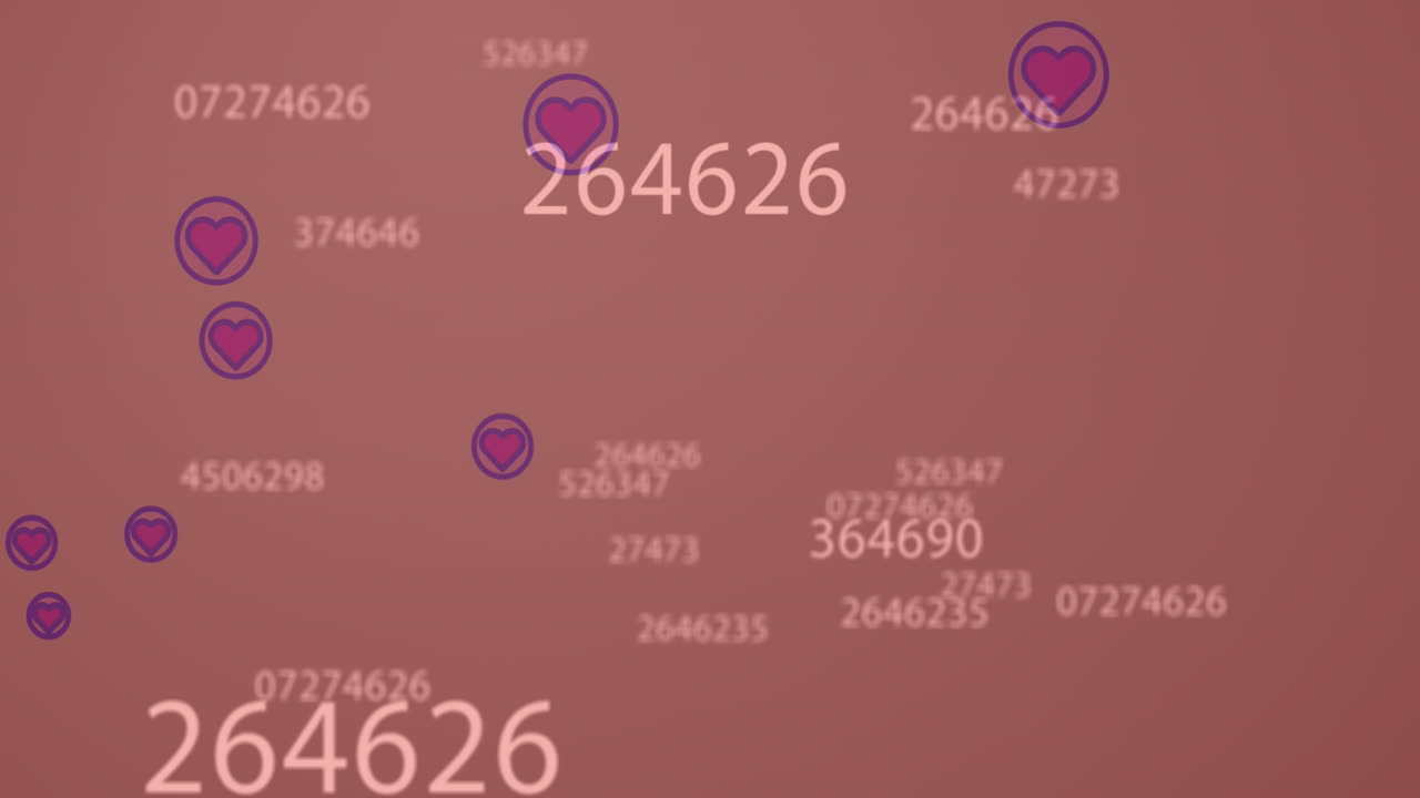 animación de múltiples iconos de corazón y números cambiantes flotando contra un fondo rosado