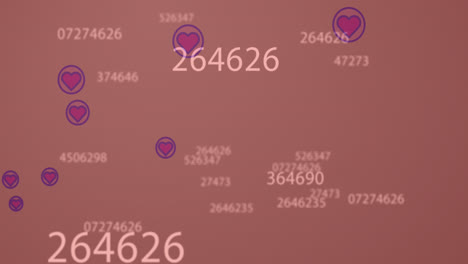 animation of multiple heart icons and changing numbers floating against pink background