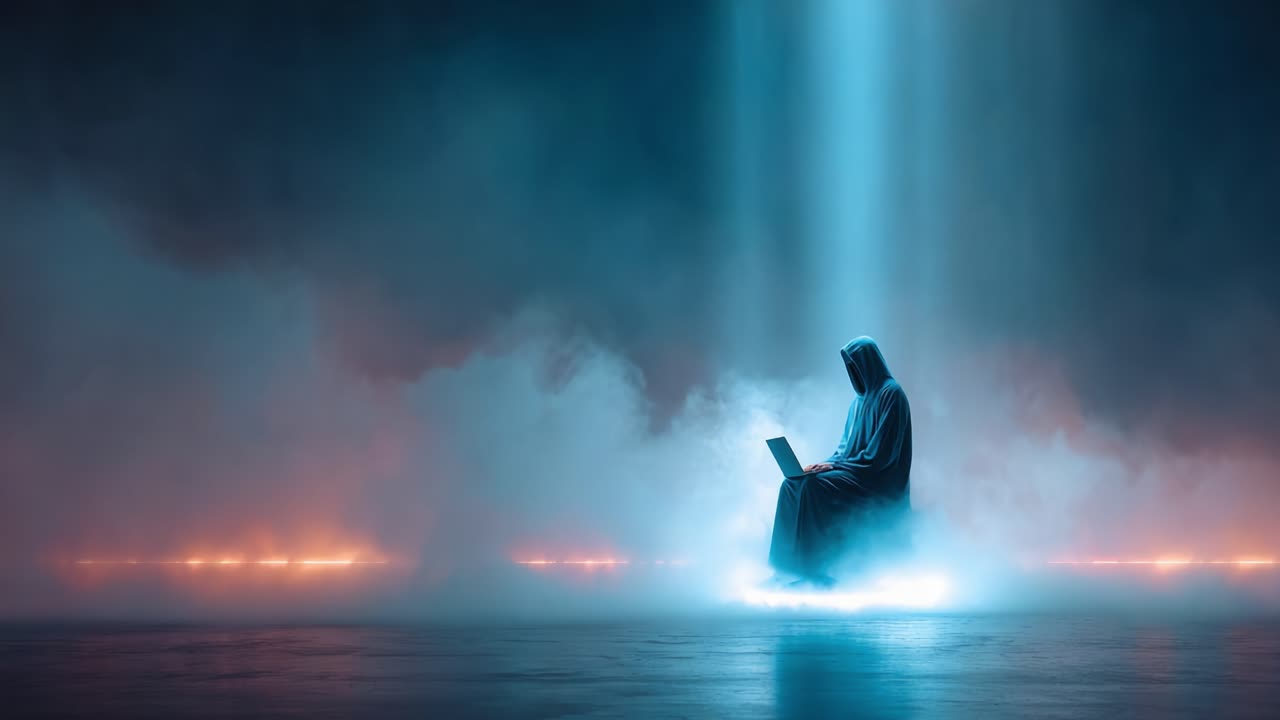 A hooded figure in a serene, ethereal environment sits in the center illuminated by a powerful beam of light, engaged with a laptop amidst captivating mist and glowing edges