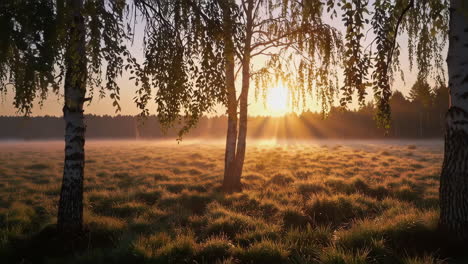 sunrise in a misty meadow with birch trees