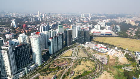 drone flight over santa fe buildings in mexico city