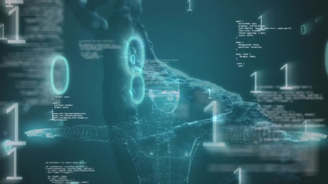 Animation of binary code and diverse data over dna chain on green background