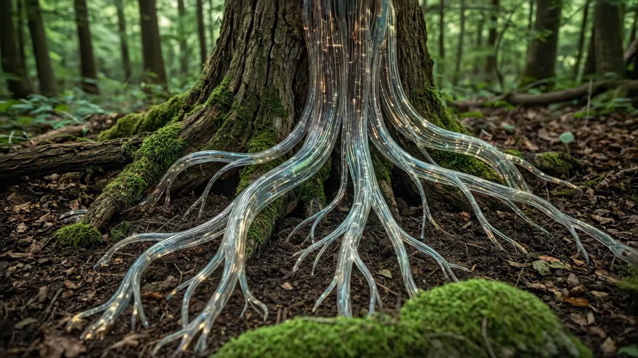 Glowing Fiber Optic Tree Roots in a Forest