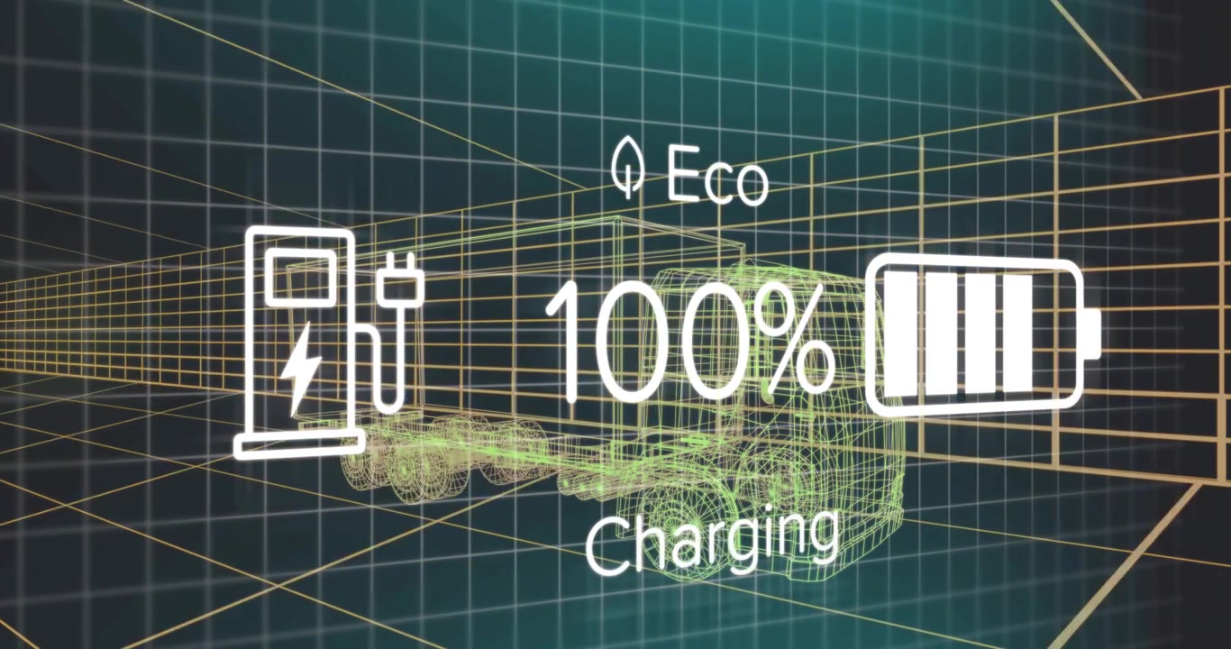 Semirimorchio wireframe che ricarica la batteria all'interno di una scena con griglia 3D al neon che mostra icone ecologiche elettriche