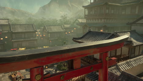 pueblo japonés en la niebla