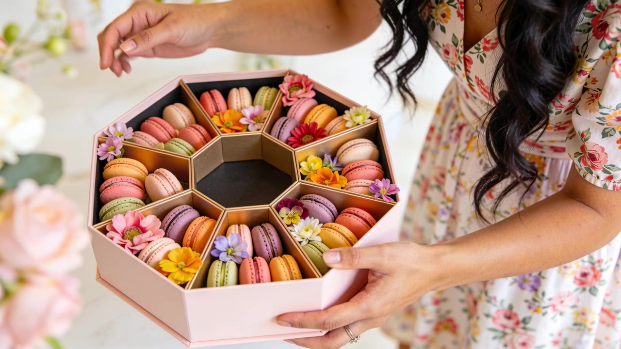 Spotting octagonal pink box, woman wearing floral dress arranging macarons on table to present gift