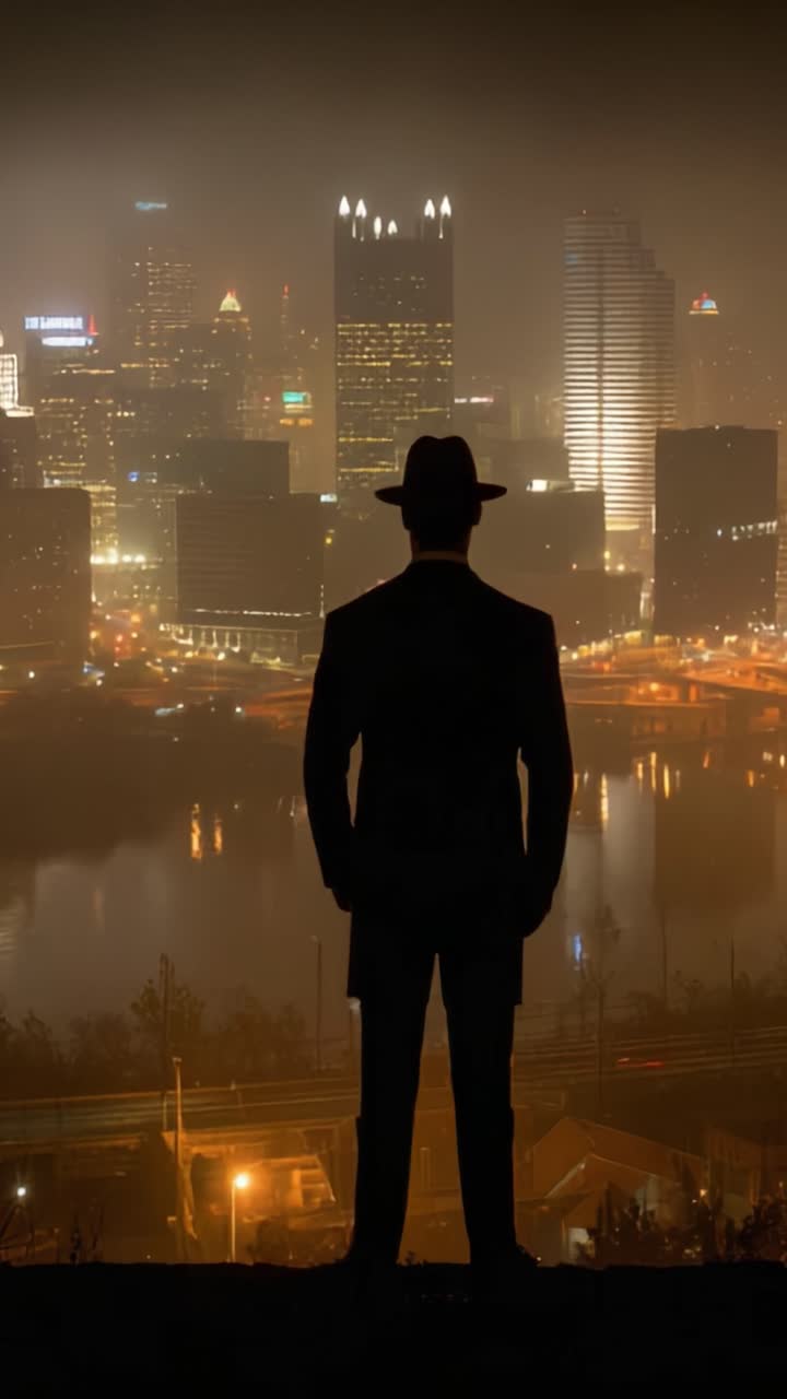 Una figura misteriosa in silhouette sullo sfondo di uno skyline cittadino scintillante di notte, che enfatizza l'enigmatica atmosfera urbana e il fascino delle luci della città