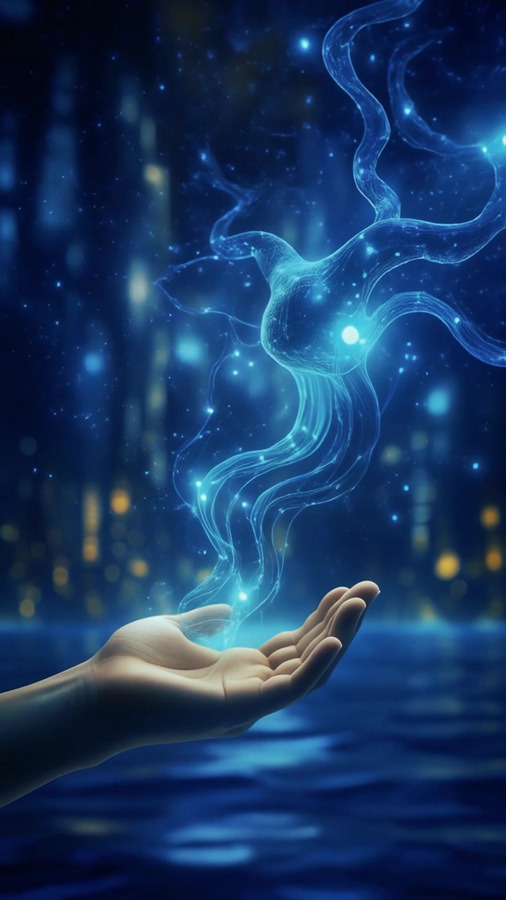 Human Hand Holding Glowing Abstract Energy Form in Night City