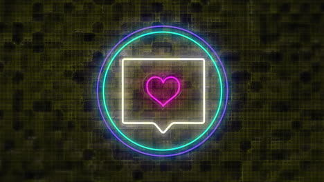 digital animation of neon pink heart in message icon over circular banner against brick wall