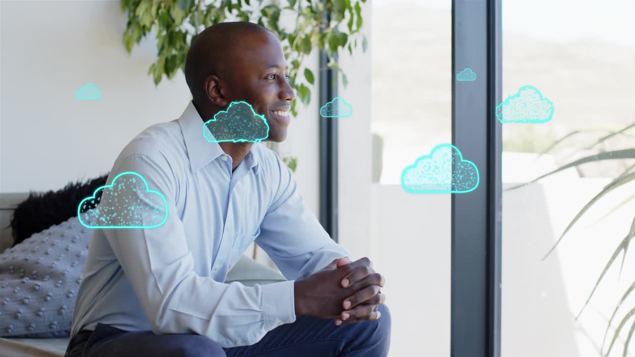 Man sitting near window in biz cyan cloud appearing and sparking clouds floating around calming him