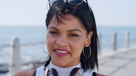 face, woman and happy tourist on seaside vacation