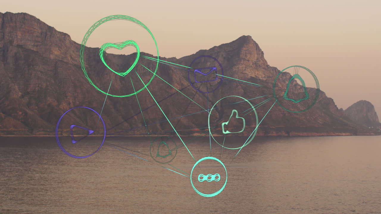 animación de iconos de las redes sociales sobre la costa y el paisaje marino