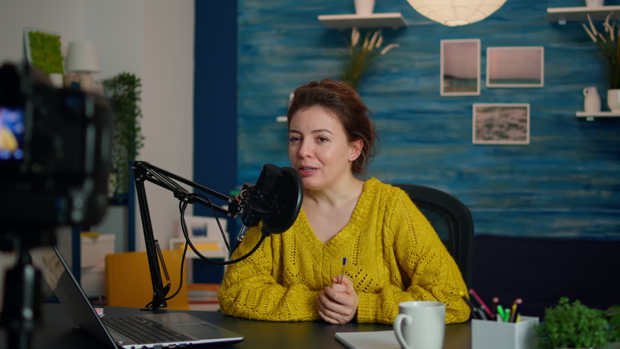 Influencer doing vlog production with professional gear in home studio