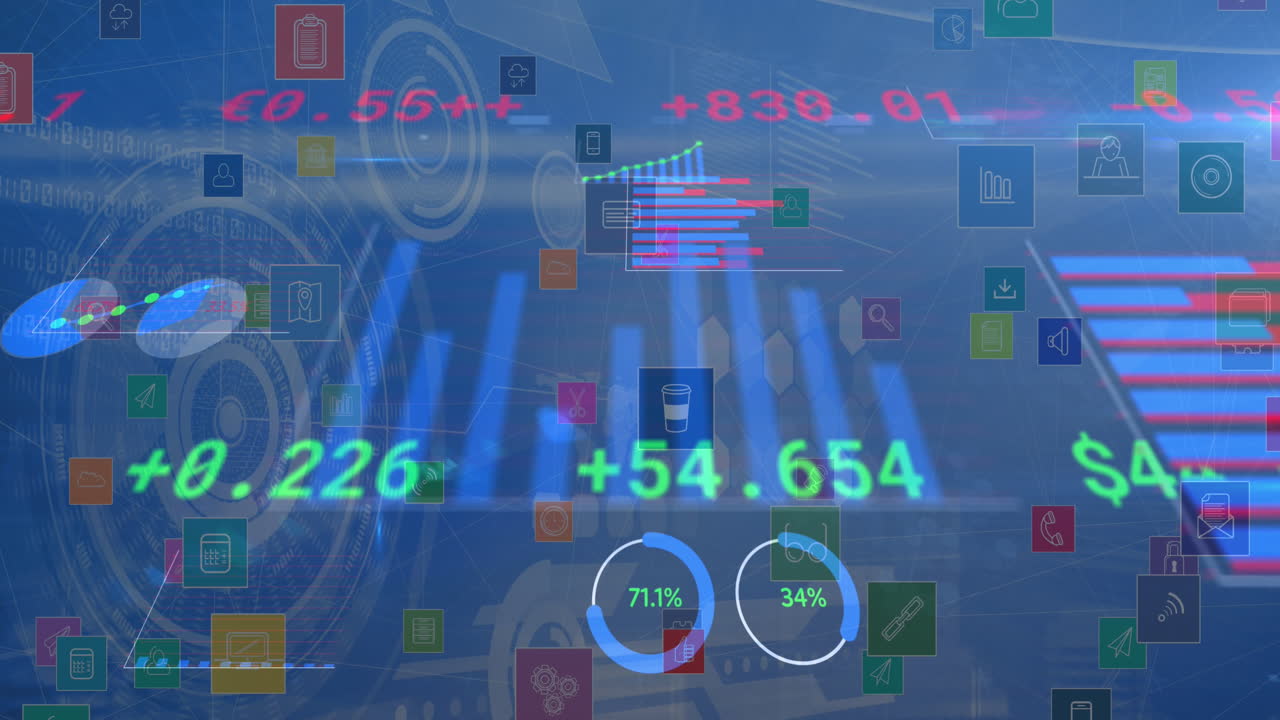 Animation of financial data processing over scopes scanning and digital icons