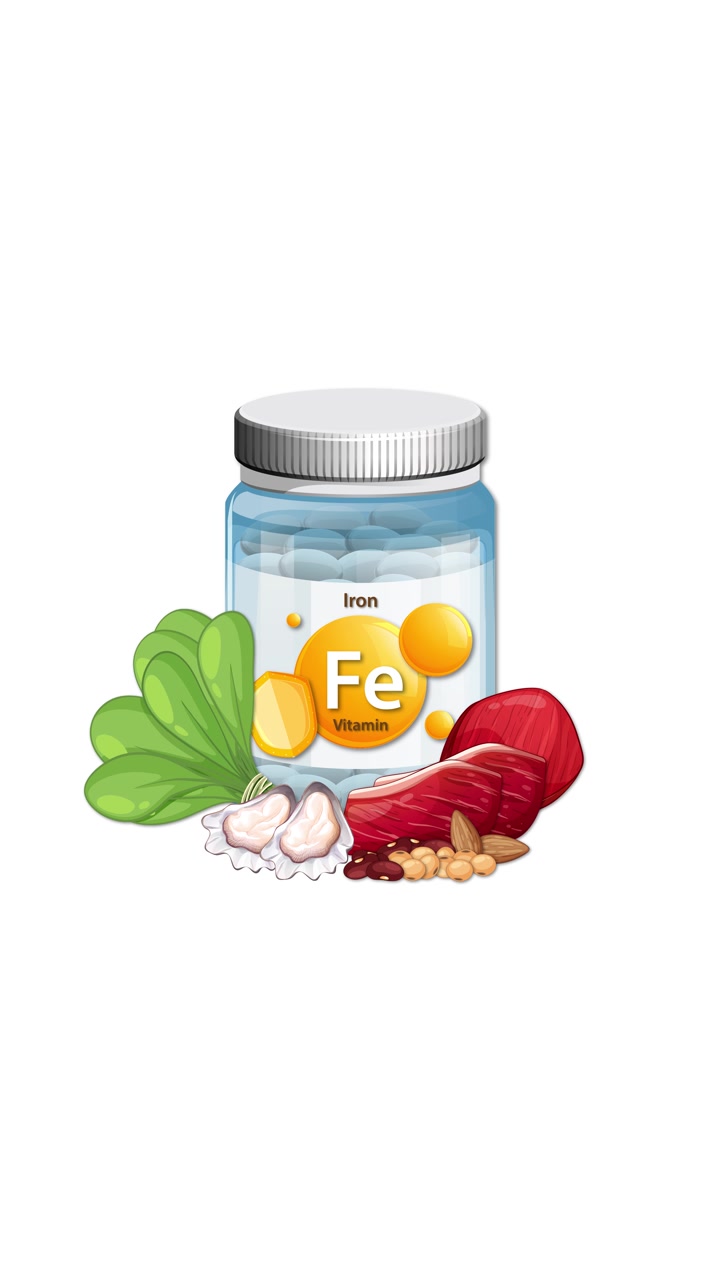 Fles ijzersupplementen geleidelijk omringd door spinazie, rood vlees, bonen en noten, op een schone achtergrond.