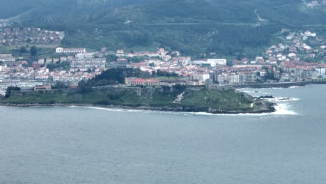 Aerial-Shot-Of-Puerto-De-La-Cruz-Beautiful-Waterfront-Parador-de-Baiona,-Vigo,-Galicia,-Spain