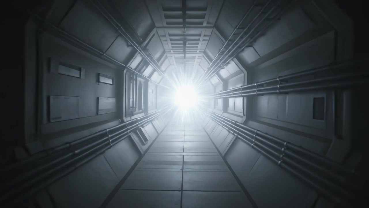 Activating energy source firing cross beams down octagonal metallic corridor, lighting pipes