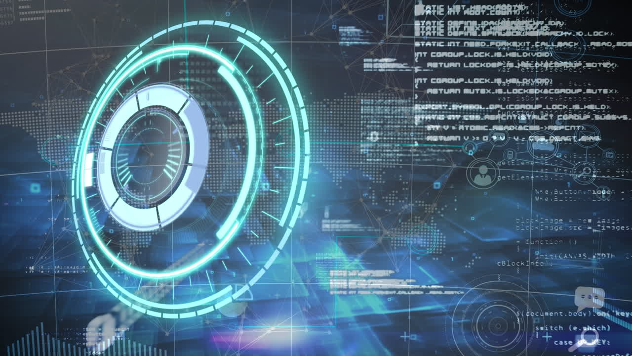 Animation of neon round scanner and data processing against world map on blue background