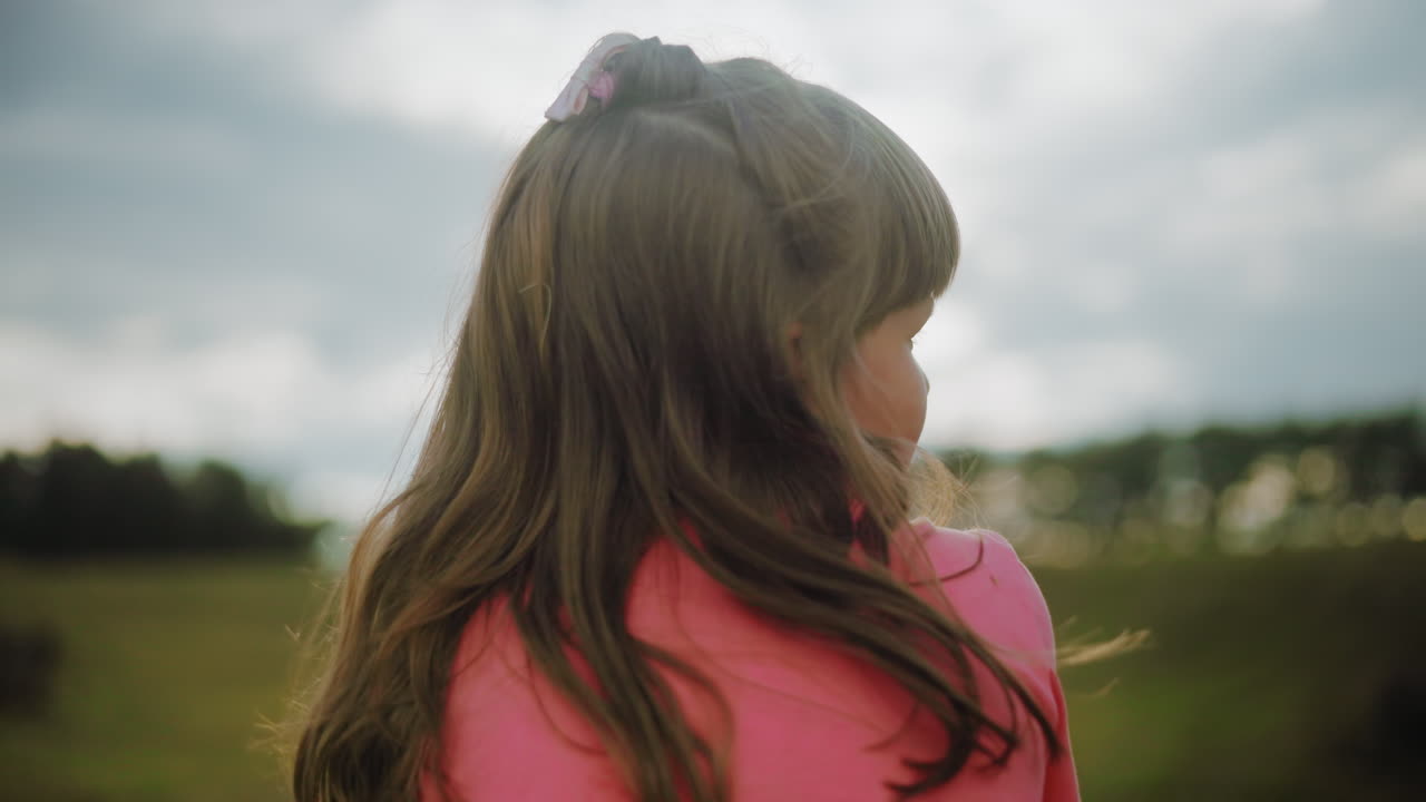 바람에 흐르는 긴 파란 머리카락을 가진 분홍색 옷을 입은 여성의 뒷면, 빛으로 조명, 부드러운 자연 빛은 흐릿한 나무와 뒷면에 열린 하늘과 함께 꿈 같은 시골 분위기를 만니다.