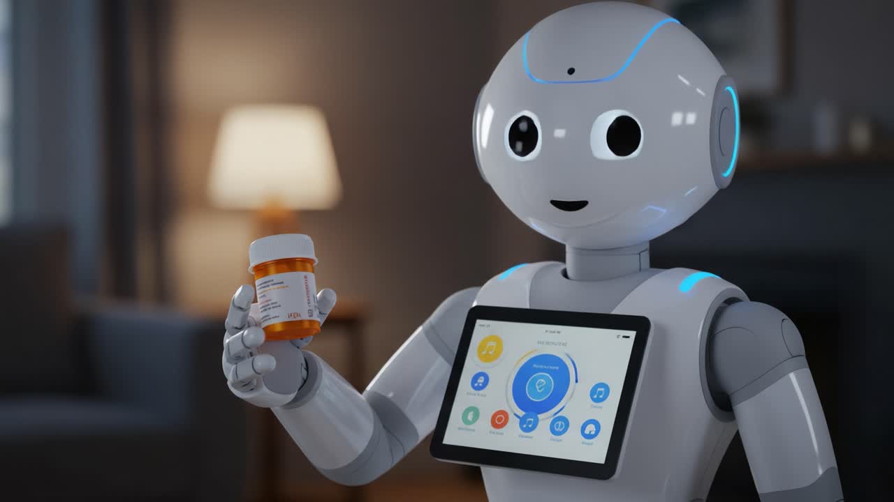 Robot amichevole aiuta nella gestione dei farmaci con display interattivo e flacone di prescrizione in un ambiente domestico contemporaneo