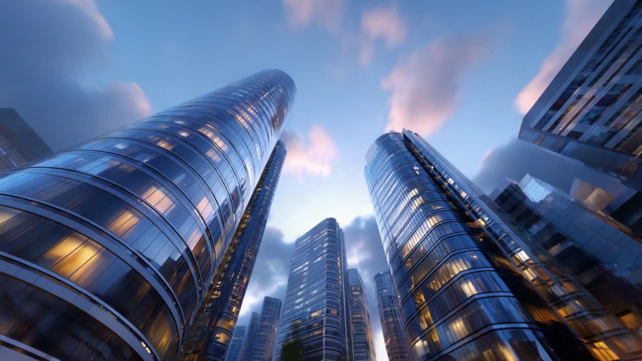 Splendido skyline urbano al crepuscolo: una prospettiva suggestiva di moderne torri di vetro illuminate sullo sfondo di un meraviglioso cielo notturno e nuvole al tramonto