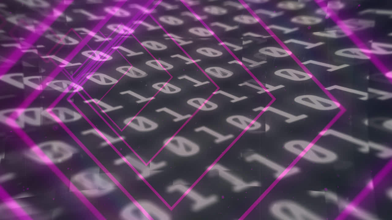 Animation of tunnel with neon shapes over binary coding on black background