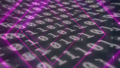 animation of tunnel with neon shapes over binary coding on black background