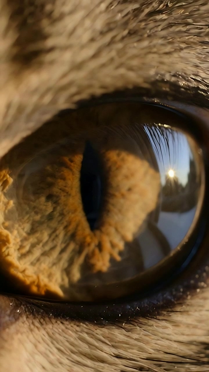Vertical video: Filming cam capturing right cat eye at window, showing amber iris and corneal glint