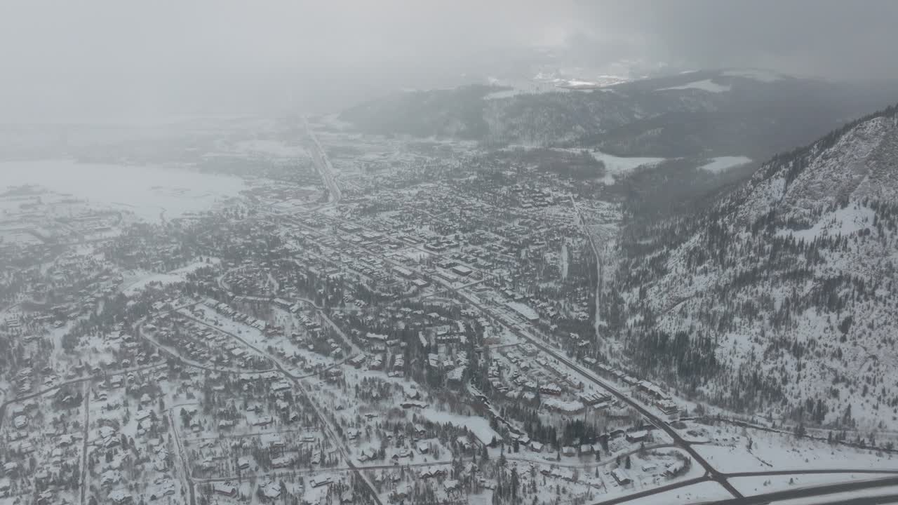 High angle drone shot of snow covered Frisco in Colorado, USA.