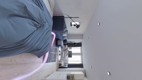 3D-animation-of-minimalist-bachelor-apartment,-dolly-forward-shot