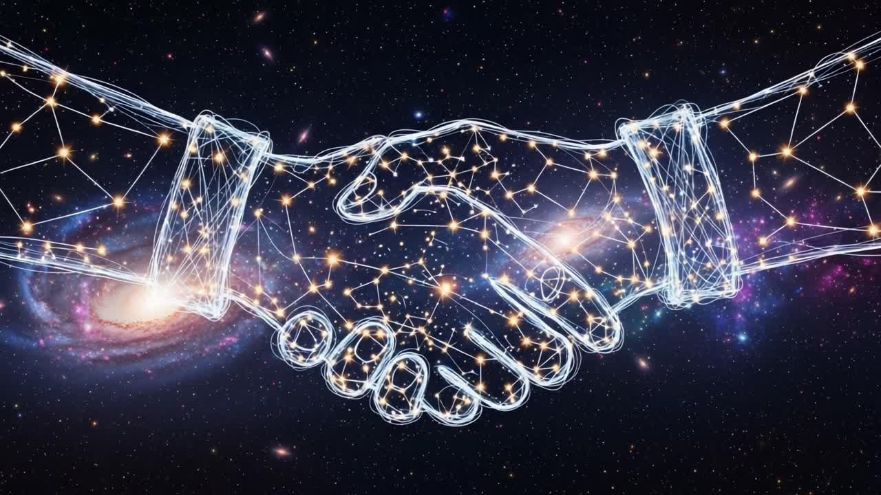 A Cosmic Connection: A Promise of Unity and Collaboration Manifested Through Interlocking Hands Amidst the Celestial Background of Stars and Galaxies