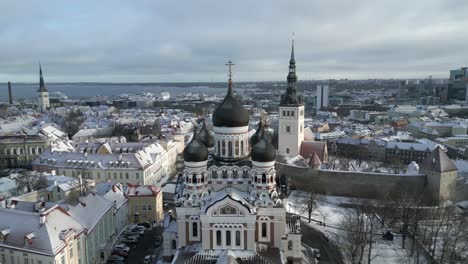 drone-view-of-the-churches-in-the-Old-Town-Walls-of-Tallinn,-Estonia