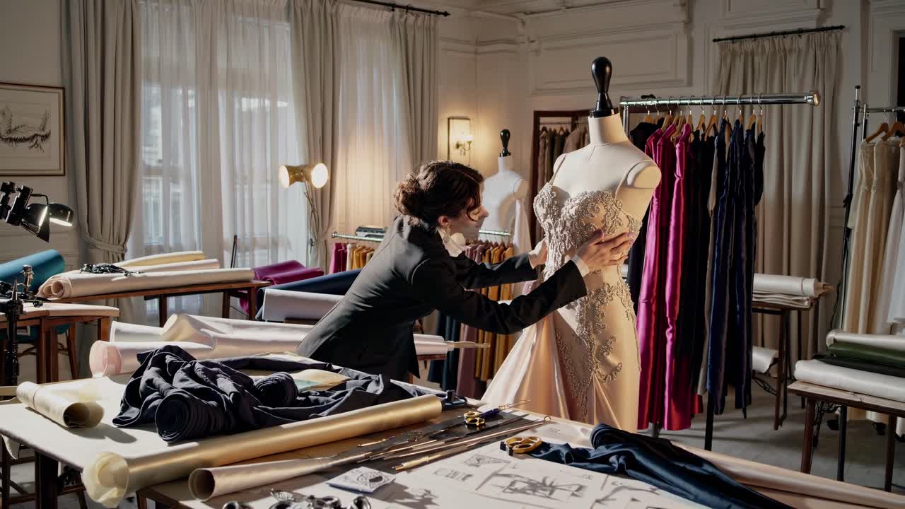A designer adjusts a dress on a mannequin in a stylish studio