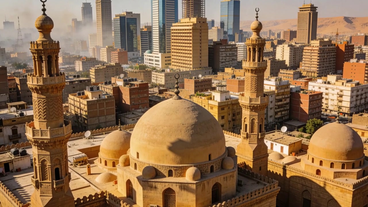 Un drone si allontana, rivelando cupole e minareti di moschee nel cuore urbano per mostrare il contrasto con lo skyline.
