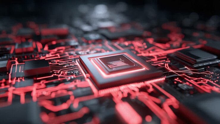 Udforsk det indviklede design af et højteknologisk printkort med en glødende mikroprocessor i kernen, der viser fusionen af teknologi og præcisionsteknik
