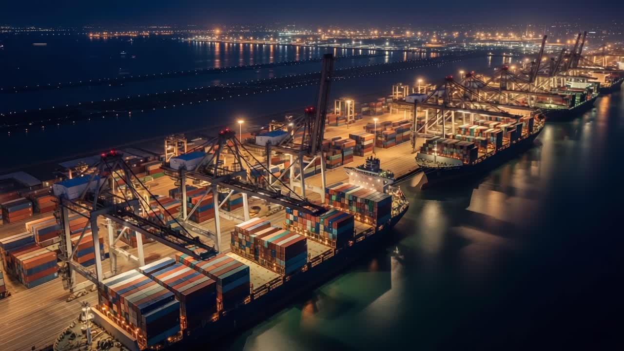 Nighttime Aerial View of Busy Cargo Port with Array of Shipping Containers, Cranes, and Illuminated Waterfront Infrastructure Highlighting Maritime Trade Activities