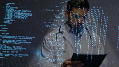 el médico usa la tableta para la investigación médica en la red global.