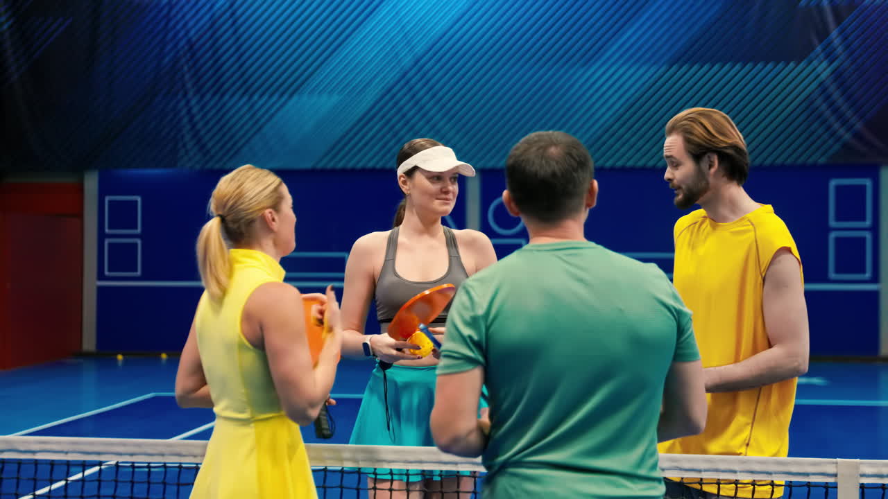 Two men and two women talking after playing pickleball on a blue, inside court